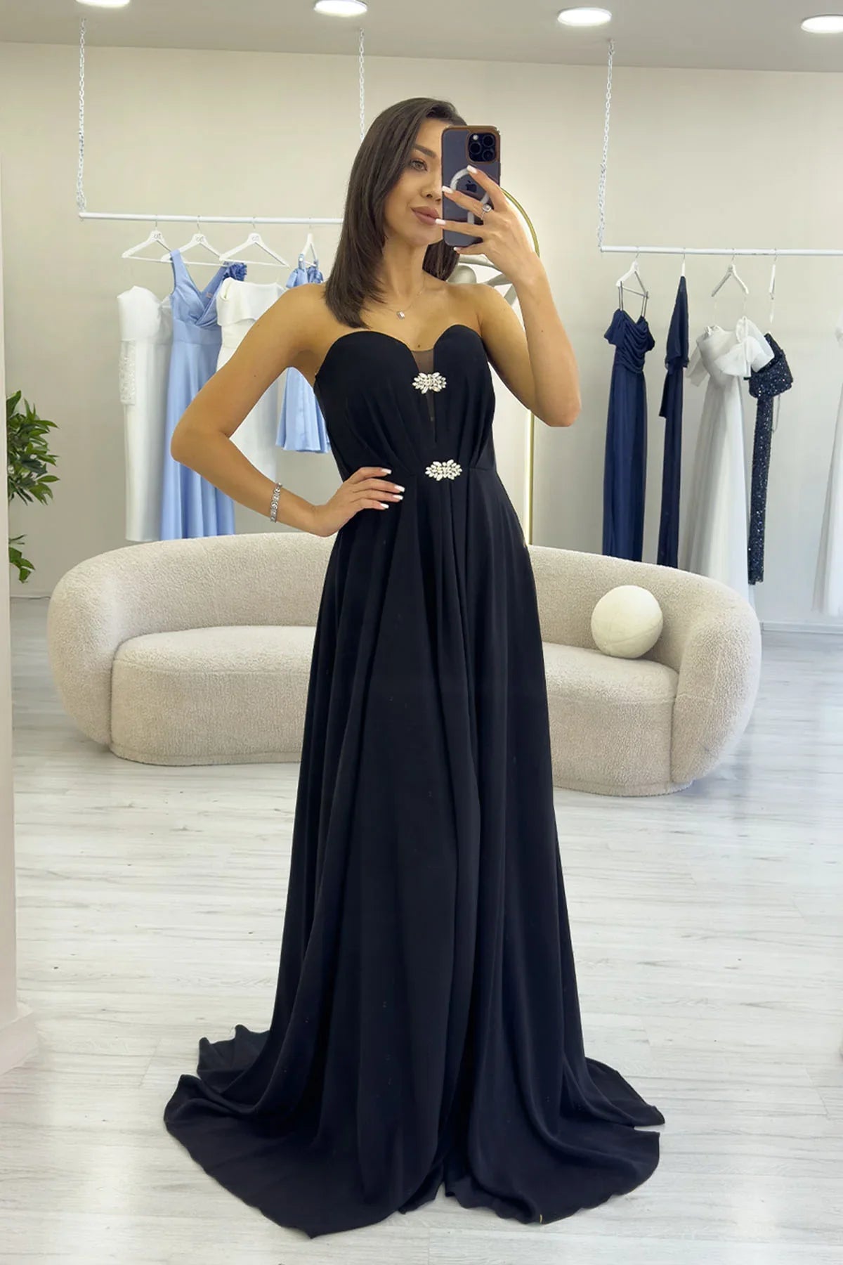 Women's Black Strapless Taş Detail Slit Evening Gown