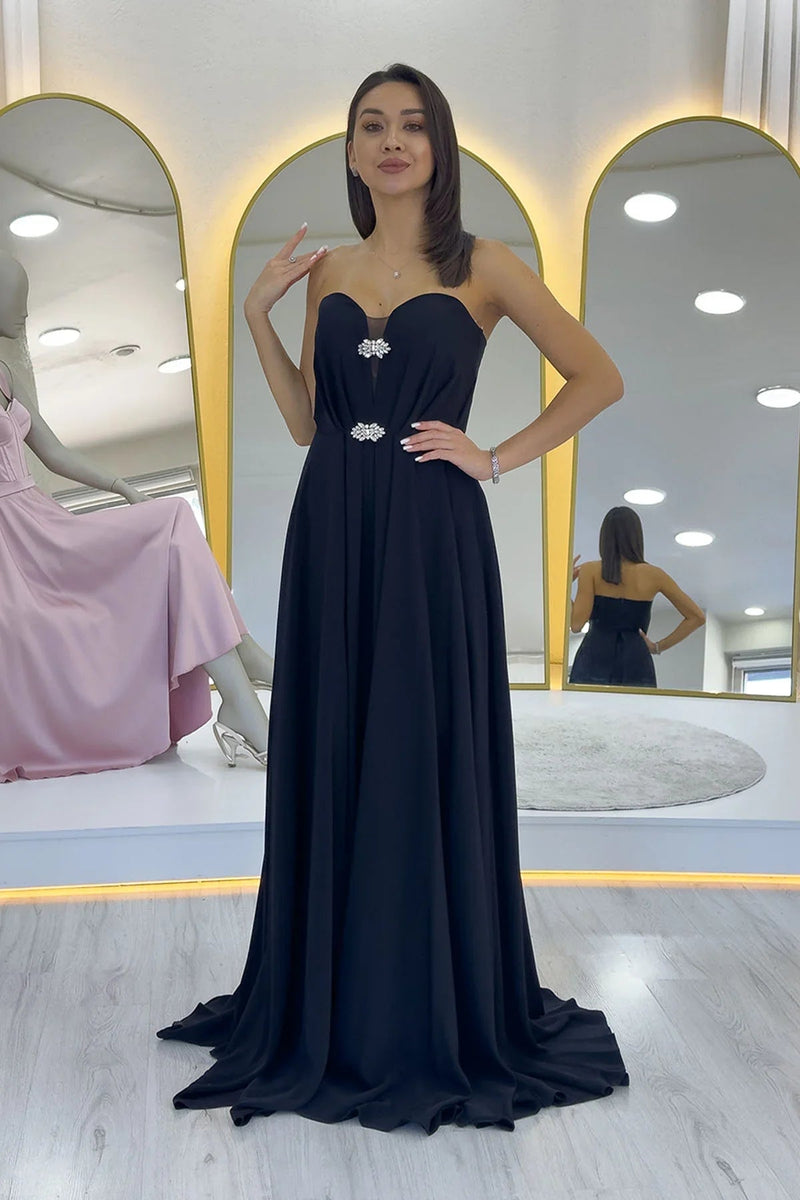 Women's Black Strapless Taş Detail Slit Evening Gown