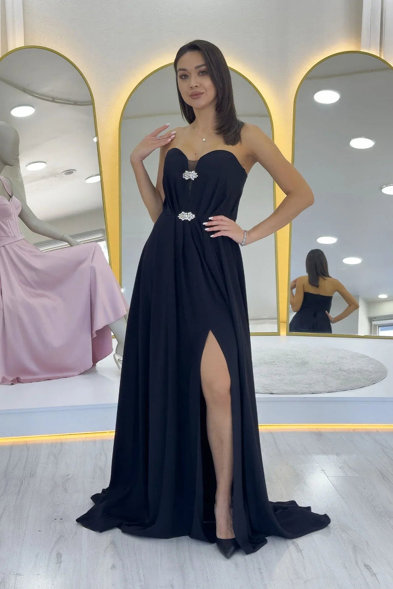 Women's Black Strapless Taş Detail Slit Evening Gown
