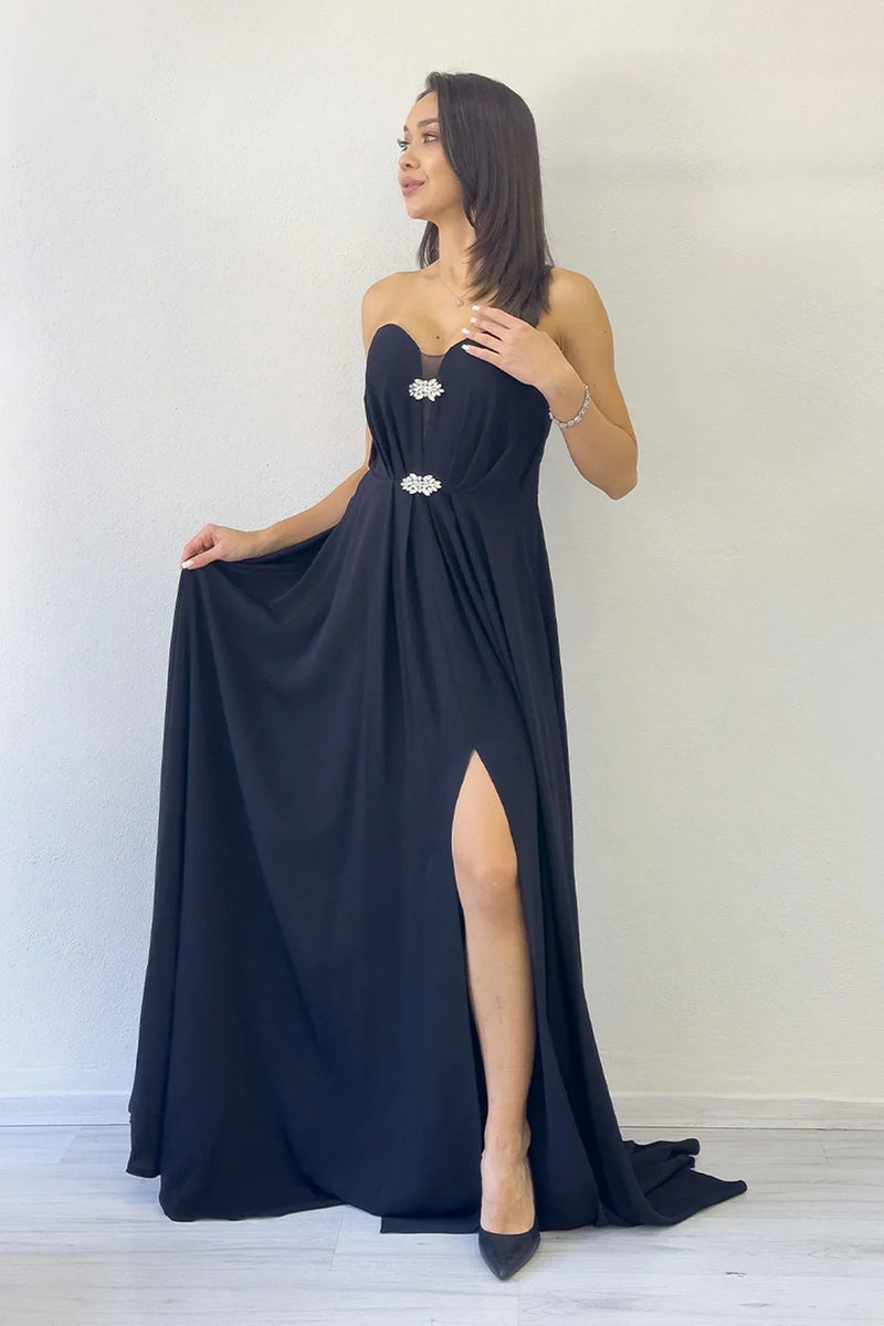 Women's Black Strapless Taş Detail Slit Evening Gown