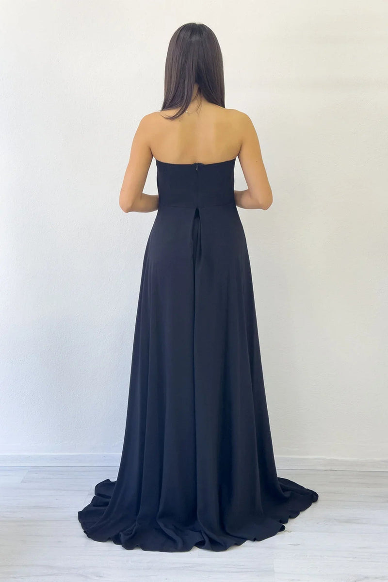 Women's Black Strapless Taş Detail Slit Evening Gown