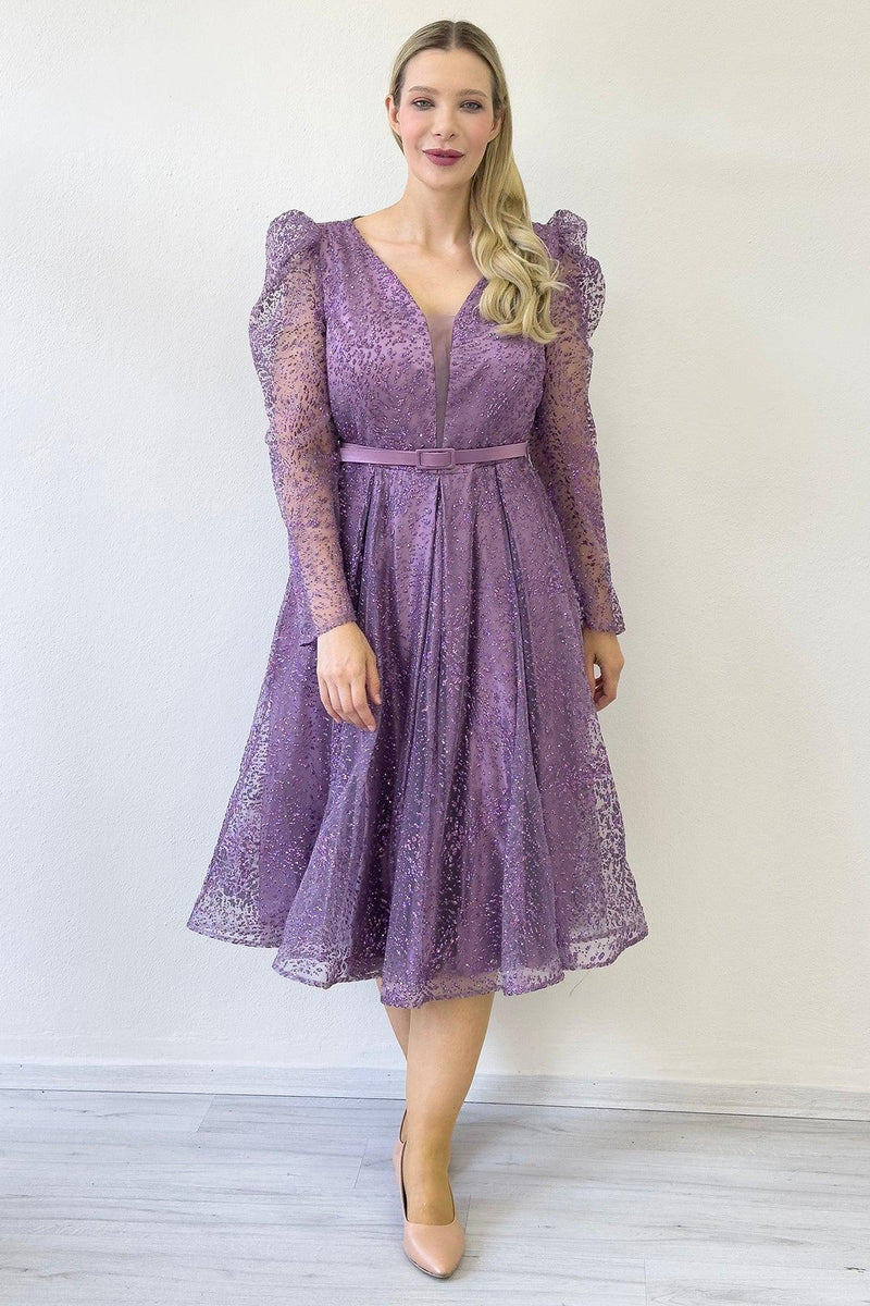 Women's Lilac Gloplu Flared Belted Plus Size Evening Gown