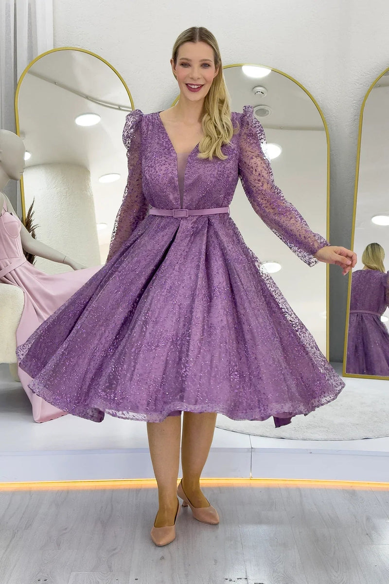 Women's Lilac Gloplu Flared Belted Plus Size Evening Gown