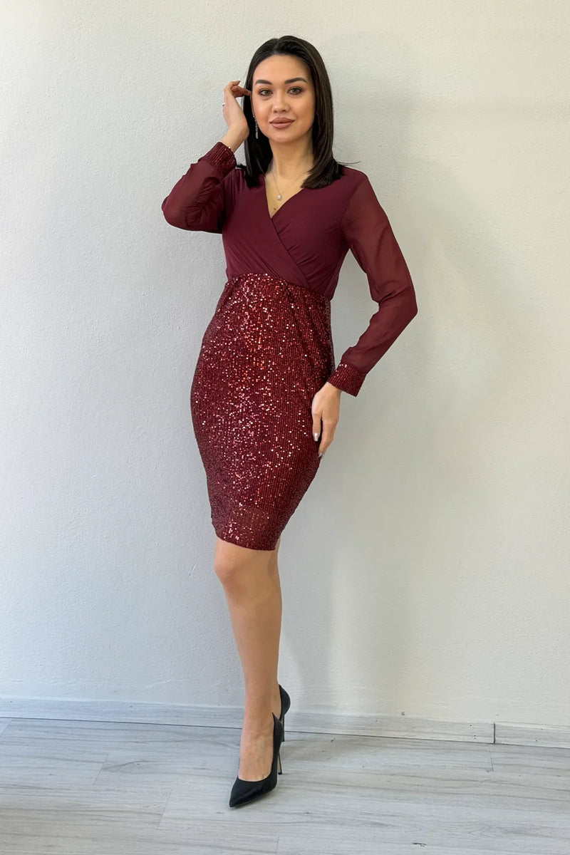 Women's Burgundy Wrap Neck Sequin Evening Gown