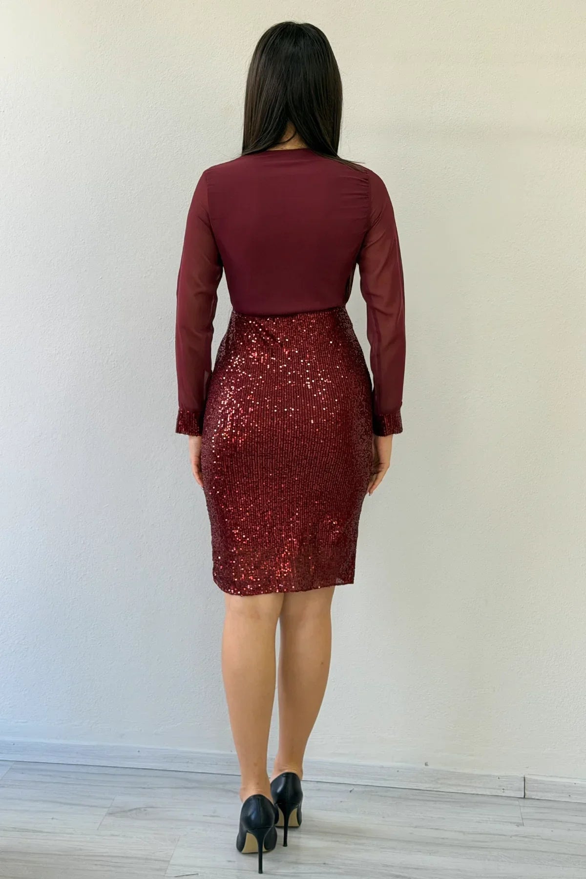 Women's Burgundy Wrap Neck Sequin Evening Gown