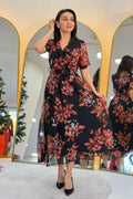Pomegranate Floral Short-Sleeve Midi Chiffon Dress