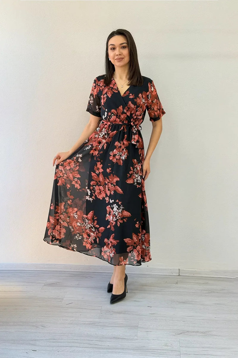 Women's Pomegranate Floral Short Sleeve Wrap Neck Plus Size Chiffon Dress