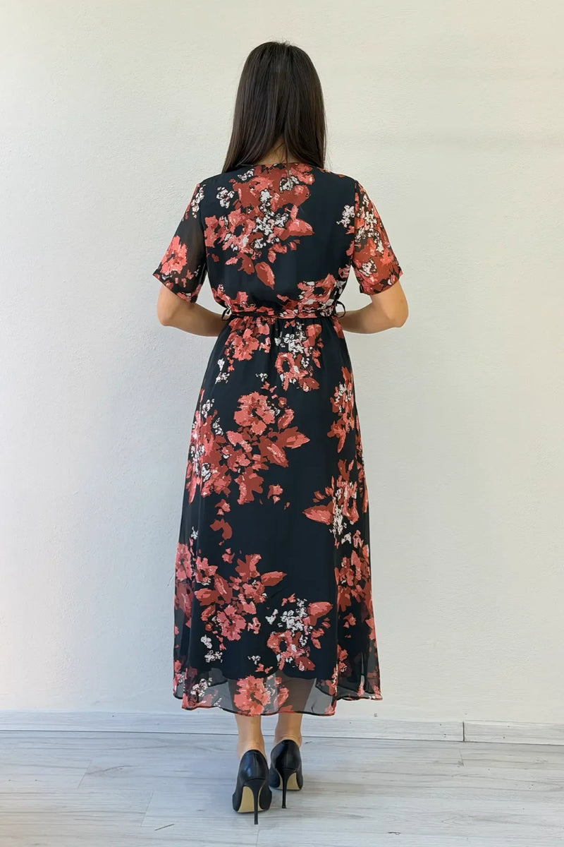 Women's Pomegranate Floral Short Sleeve Wrap Neck Plus Size Chiffon Dress