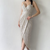 Beige Thin-Strapped Sequined Evening Dress