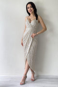 Beige Thin-Strapped Sequined Evening Dress