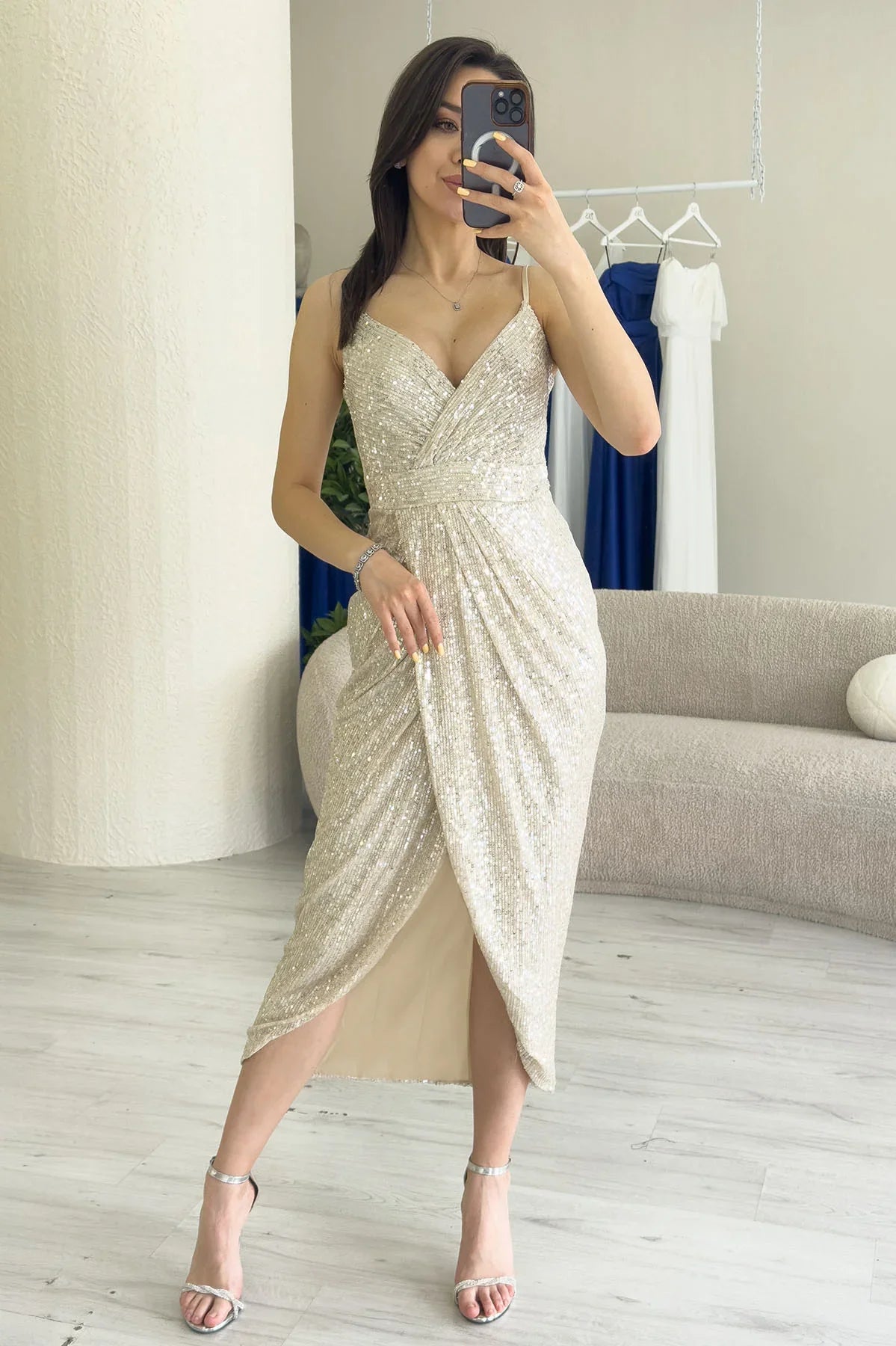 Women's Beige Strap Sequin Wrap Slit Evening Gown