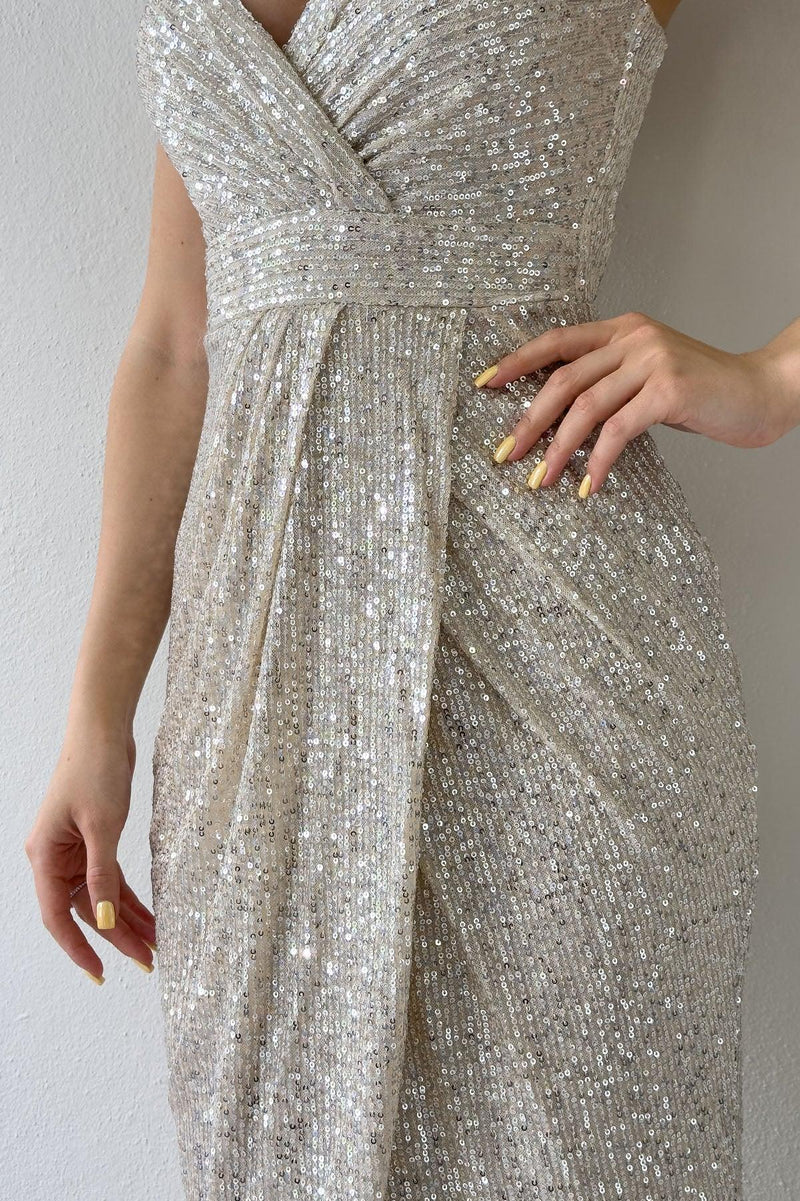 Women's Beige Strap Sequin Wrap Slit Evening Gown