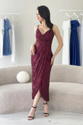 Burgundy Thin-Strapped Sequined Evening Dress