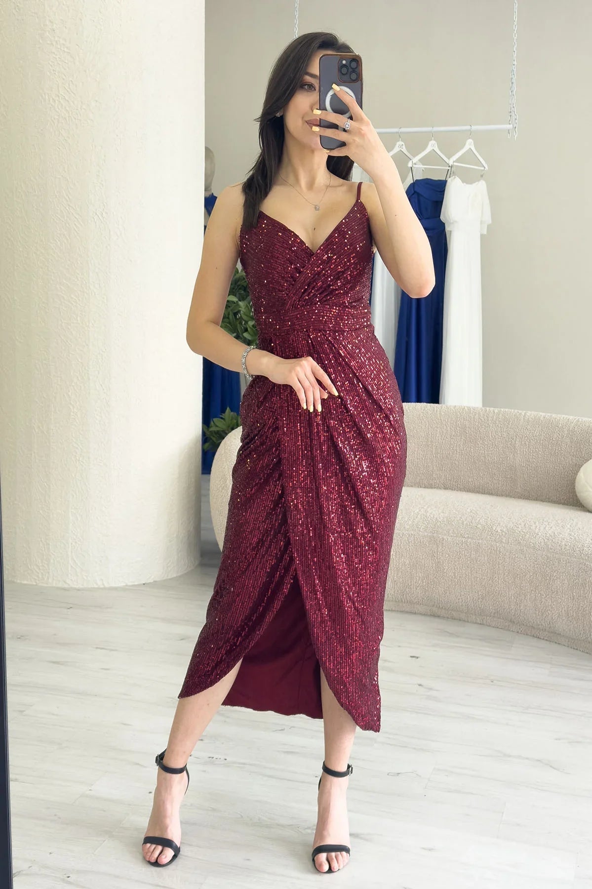 Women's Burgundy Strap Sequin Wrap Slit Evening Gown