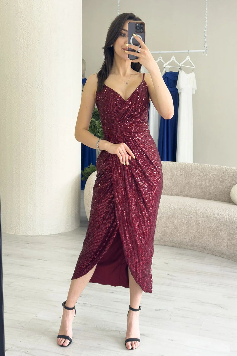Women's Burgundy Strap Sequin Wrap Slit Evening Gown
