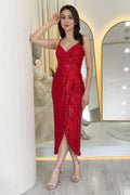 Red Thin-Strapped Sequined Evening Dress