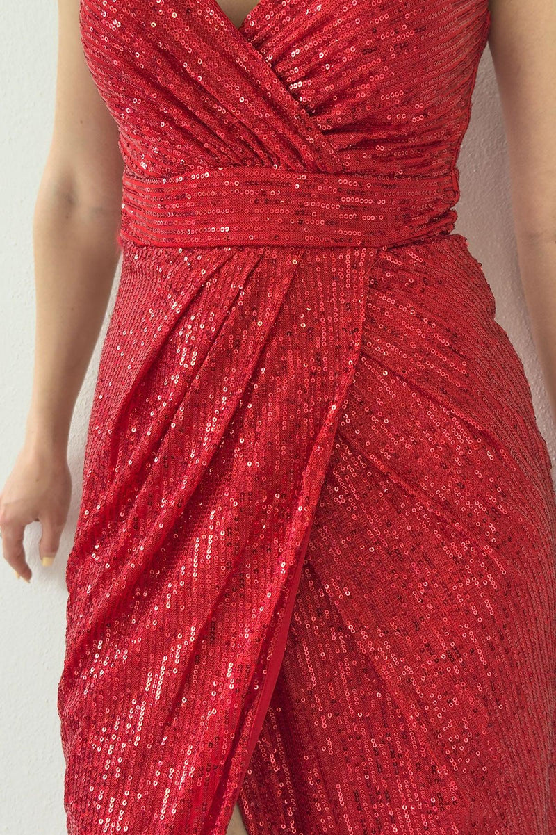 Women's Red Strap Sequin Wrap Slit Evening Gown