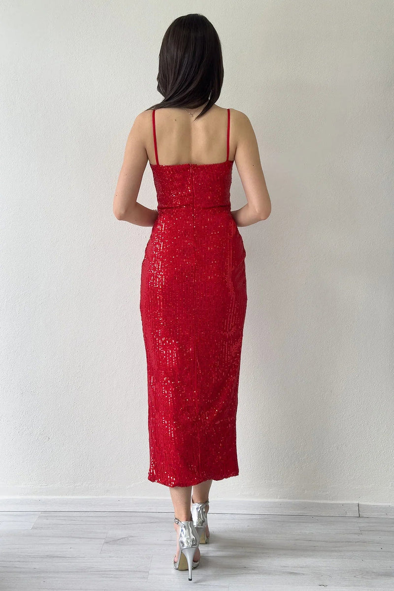 Women's Red Strap Sequin Wrap Slit Evening Gown