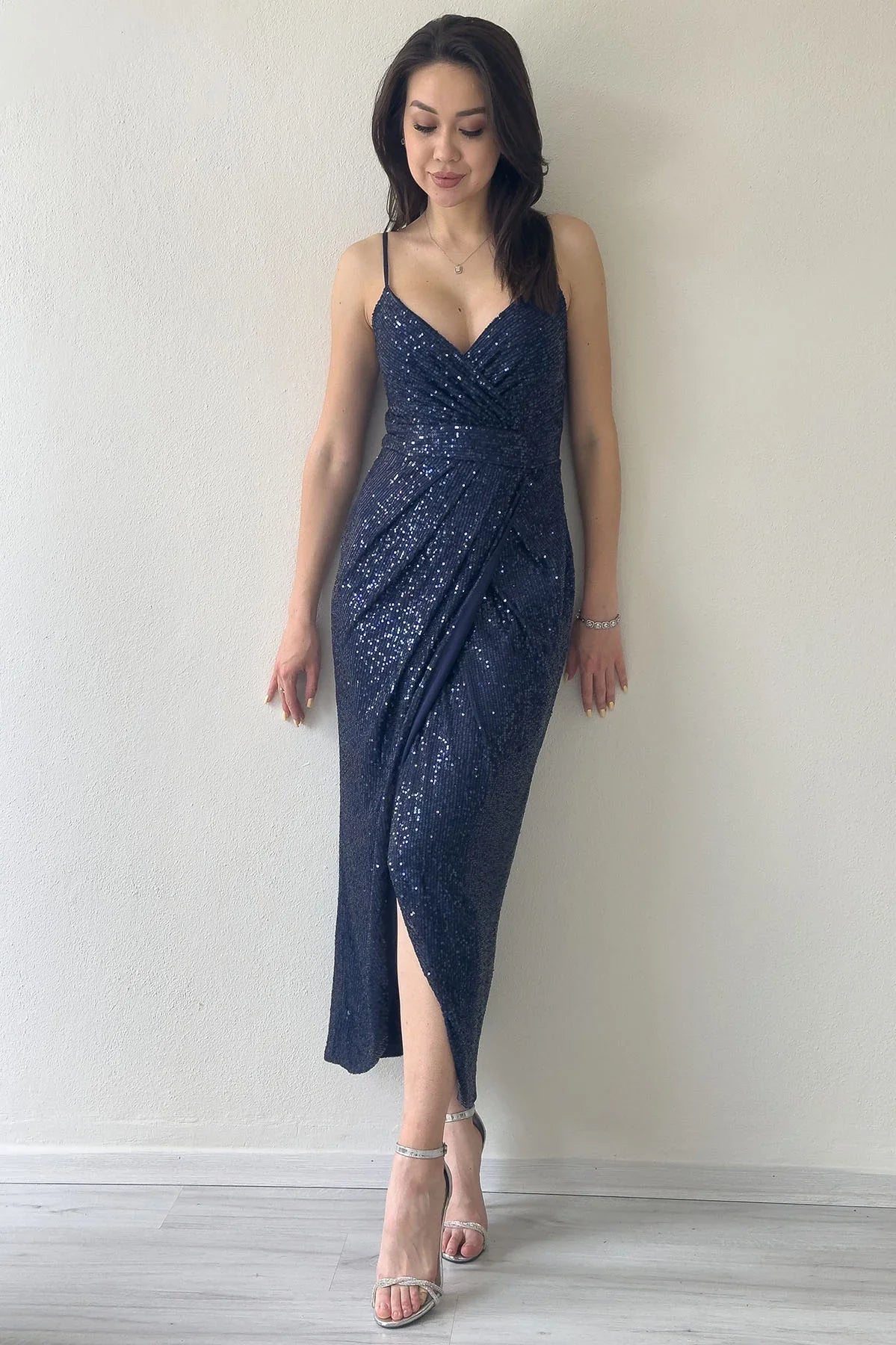 Women's Navy Blue Strap Sequin Wrap Slit Evening Gown