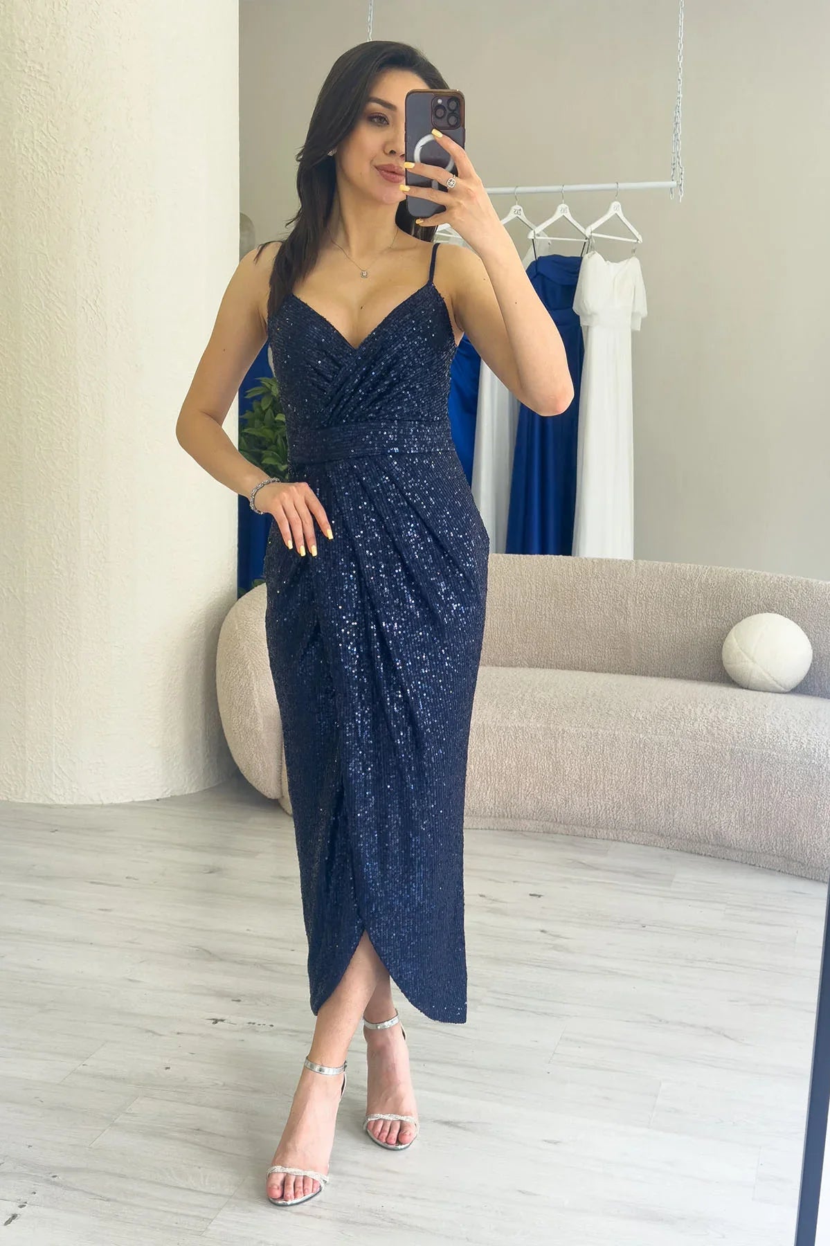 Women's Navy Blue Strap Sequin Wrap Slit Evening Gown
