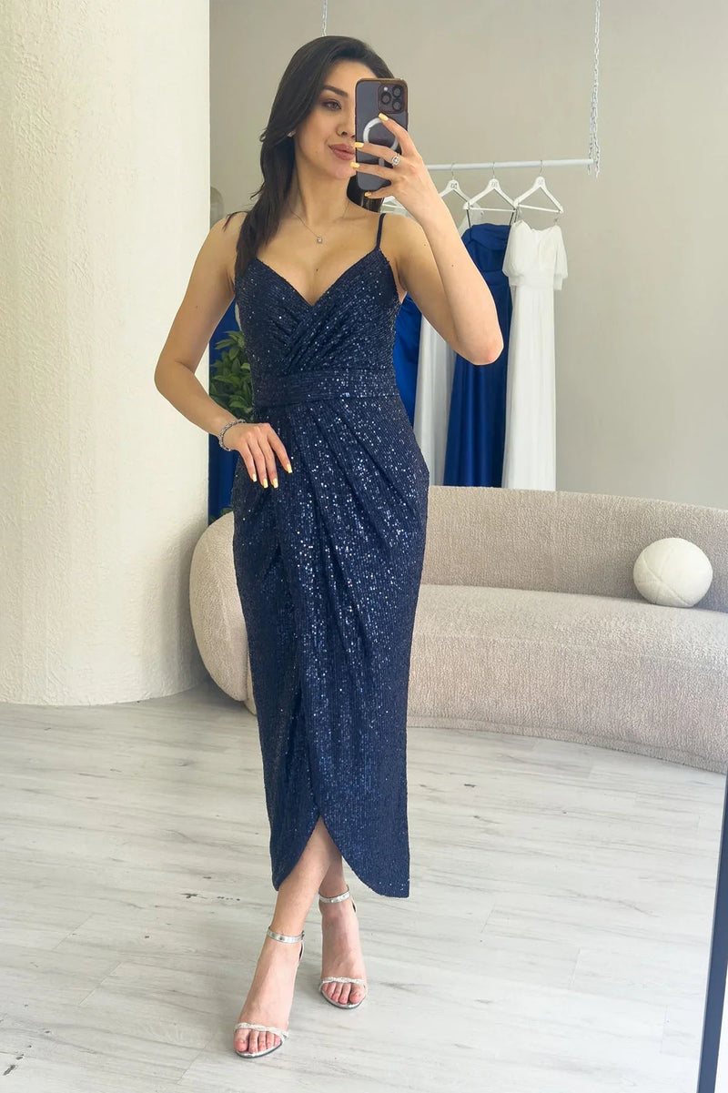 Women's Navy Blue Strap Sequin Wrap Slit Evening Gown