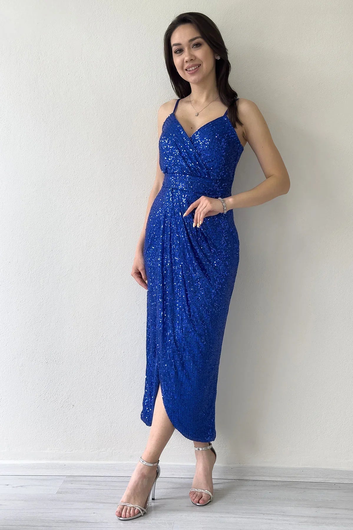Women's Saxe Strap Sequin Wrap Slit Evening Gown