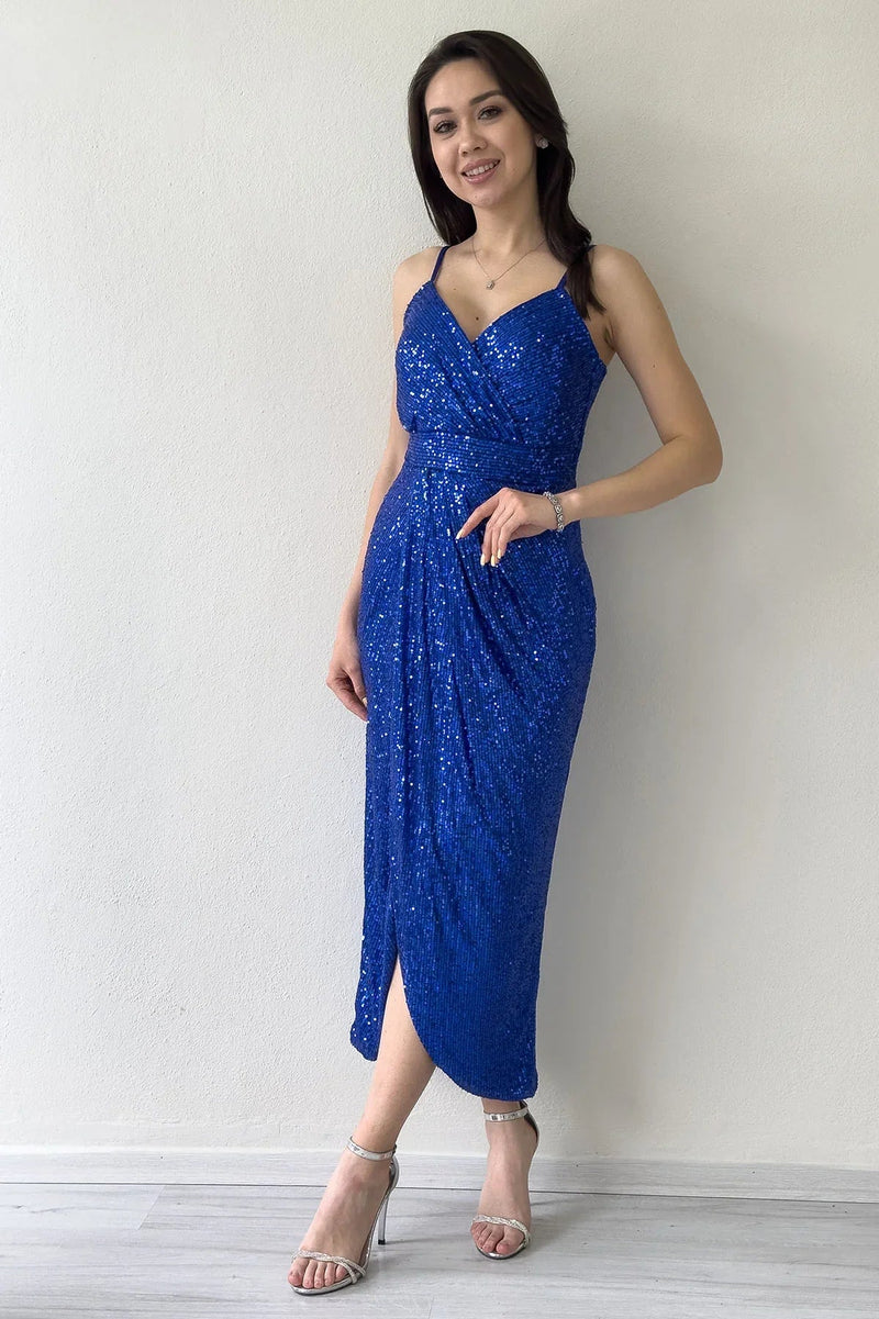 Women's Saxe Strap Sequin Wrap Slit Evening Gown