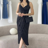 Black Thin-Strapped Sequined Evening Dress