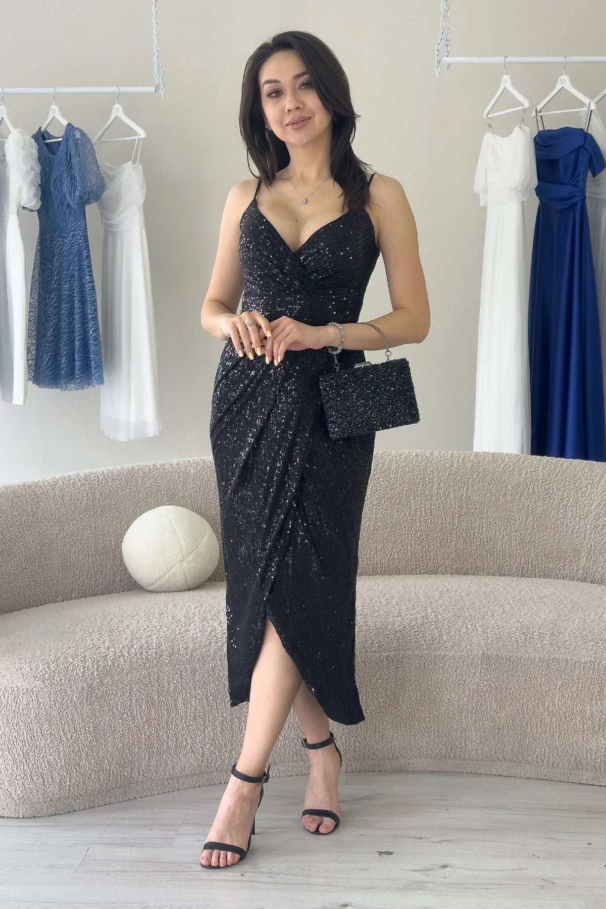 Women's Black Strap Sequin Wrap Slit Evening Gown