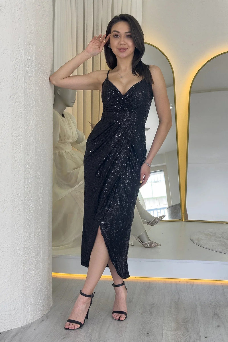 Women's Black Strap Sequin Wrap Slit Evening Gown