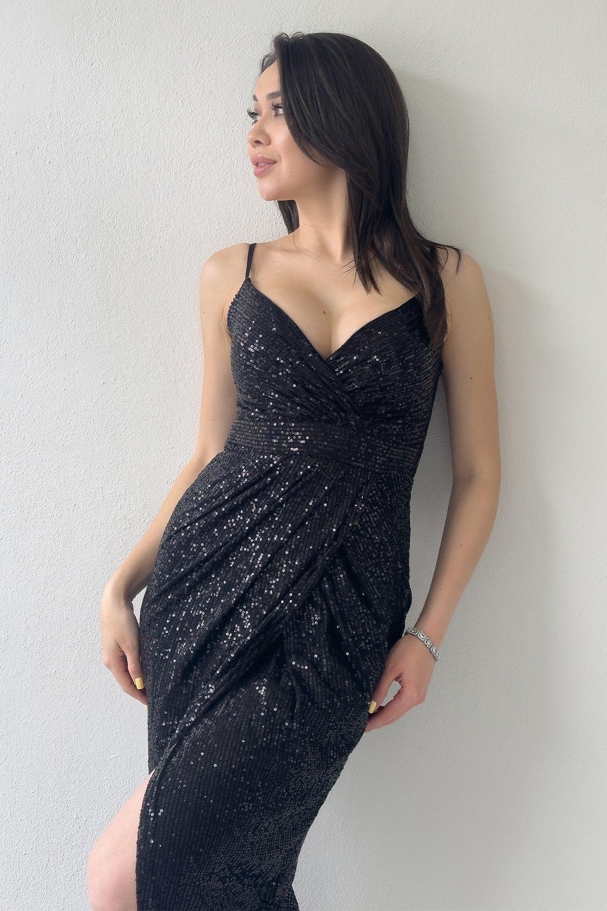 Women's Black Strap Sequin Wrap Slit Evening Gown
