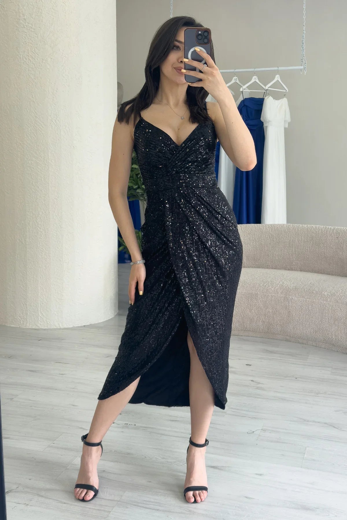 Women's Black Strap Sequin Wrap Slit Evening Gown