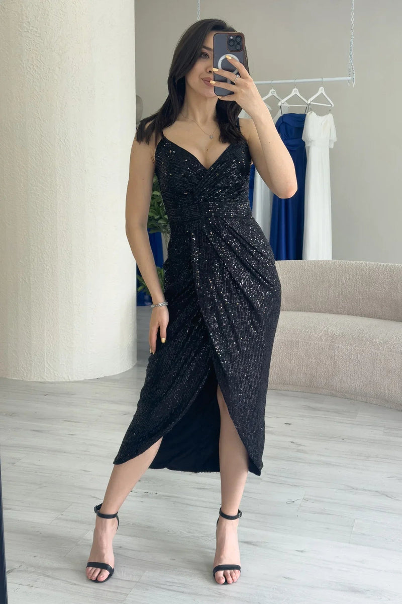 Women's Black Strap Sequin Wrap Slit Evening Gown