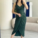 Emerald Green Thin-Strapped Sequined Evening Dress