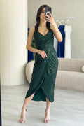 Emerald Green Thin-Strapped Sequined Evening Dress