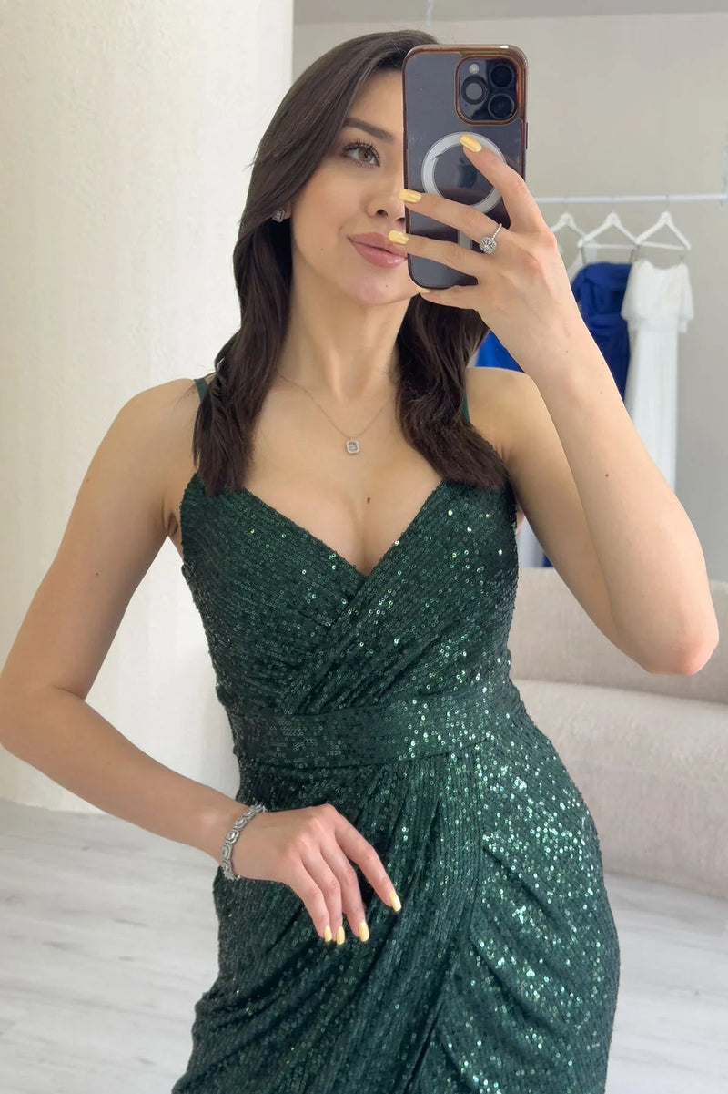 Women's Emerald Green Strap Sequin Wrap Slit Evening Gown