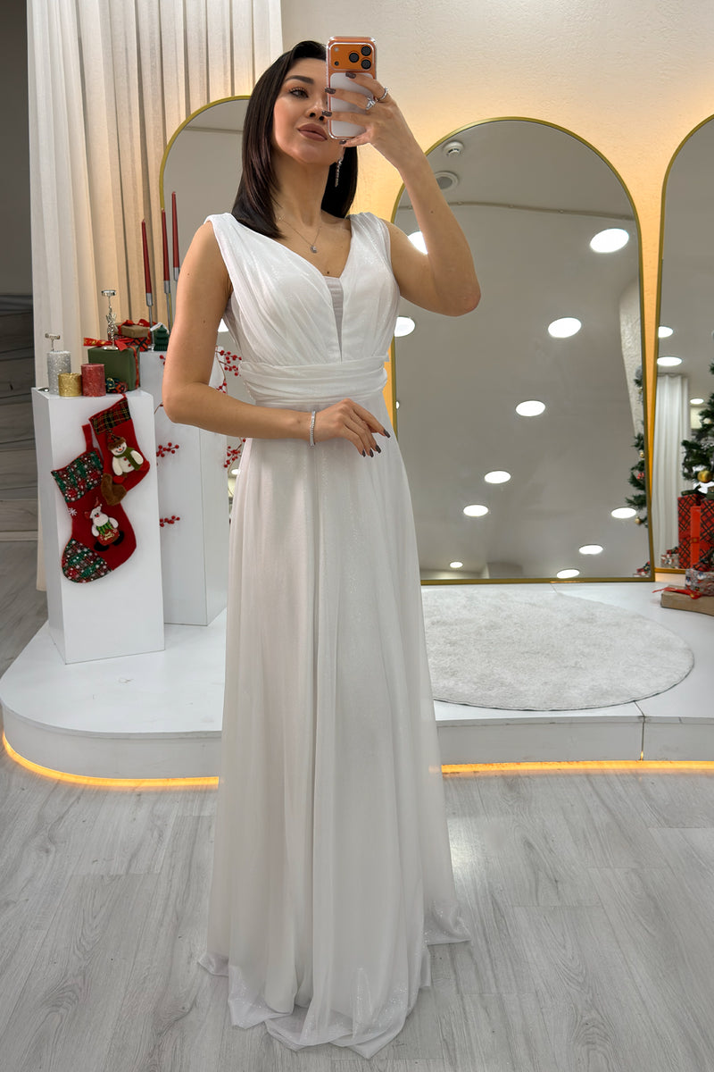 White Glittery Tulle Maxi Evening Dress