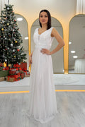 White Glittery Tulle Maxi Evening Dress