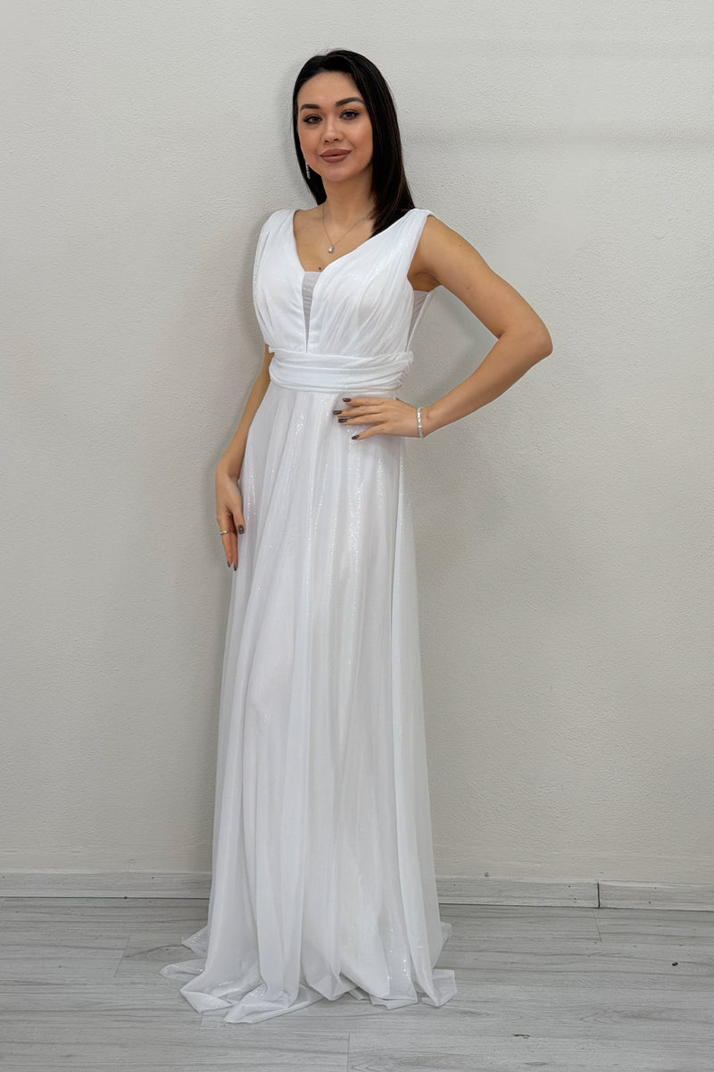 White Glittery Tulle Maxi Evening Dress