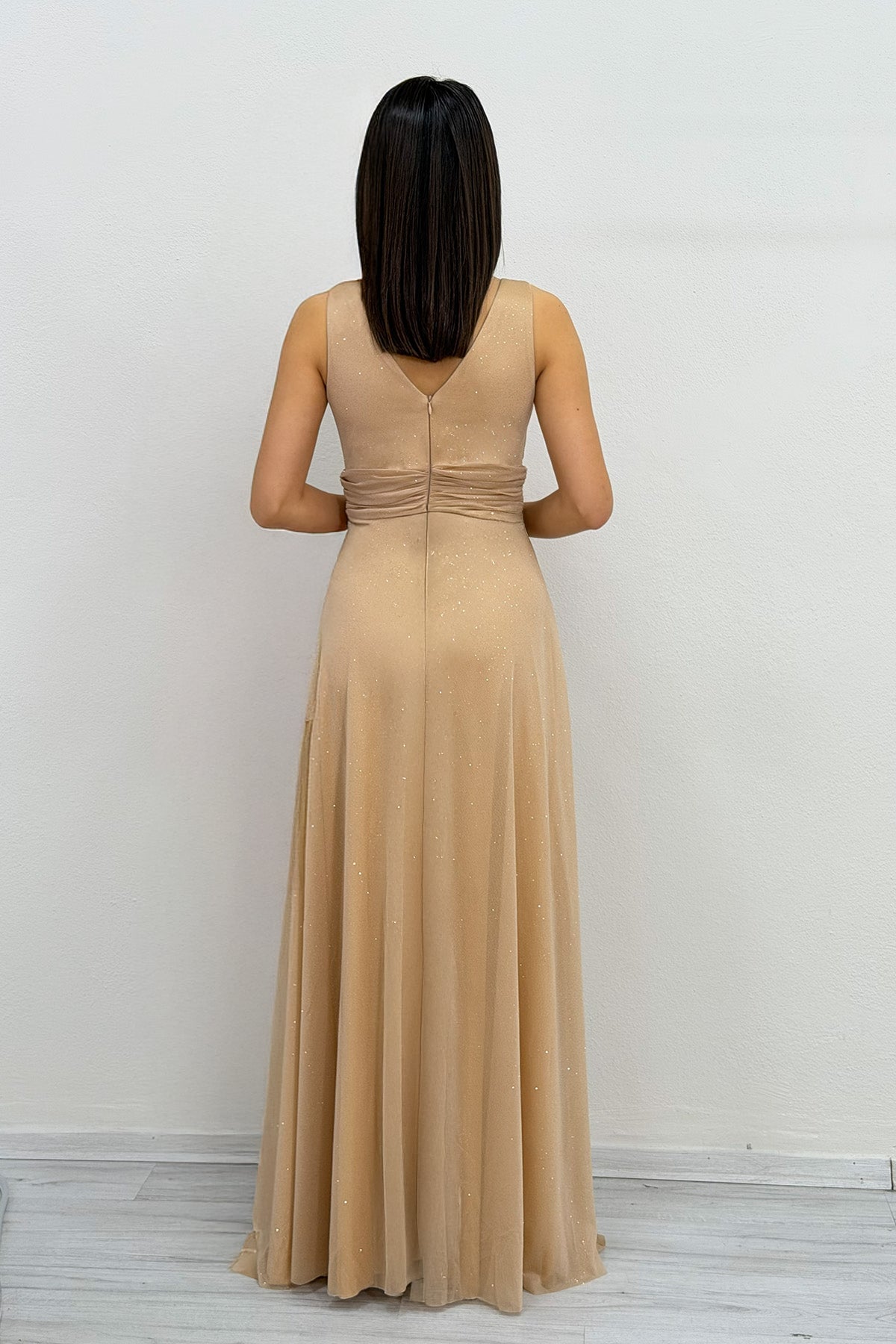 Gold Glittery Tulle Maxi Evening Dress