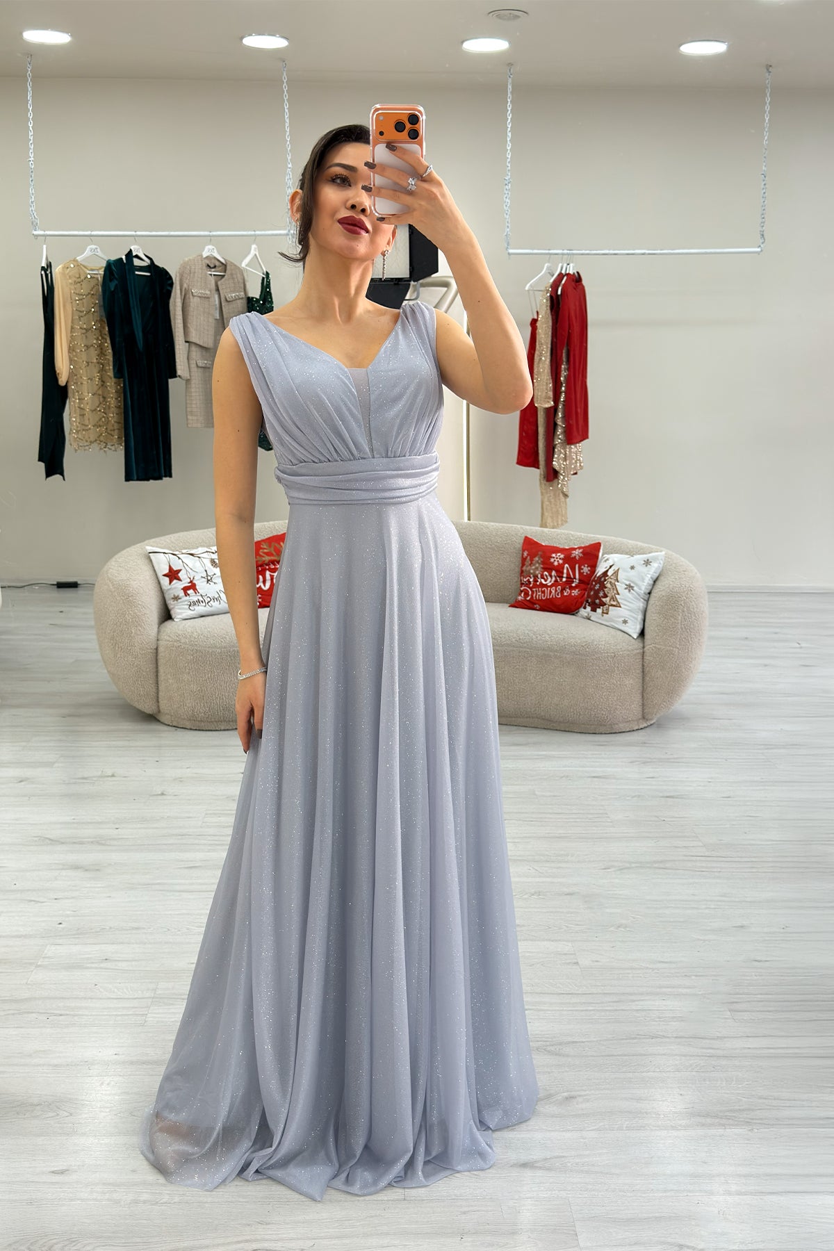 Gray Glittery Tulle Maxi Evening Dress