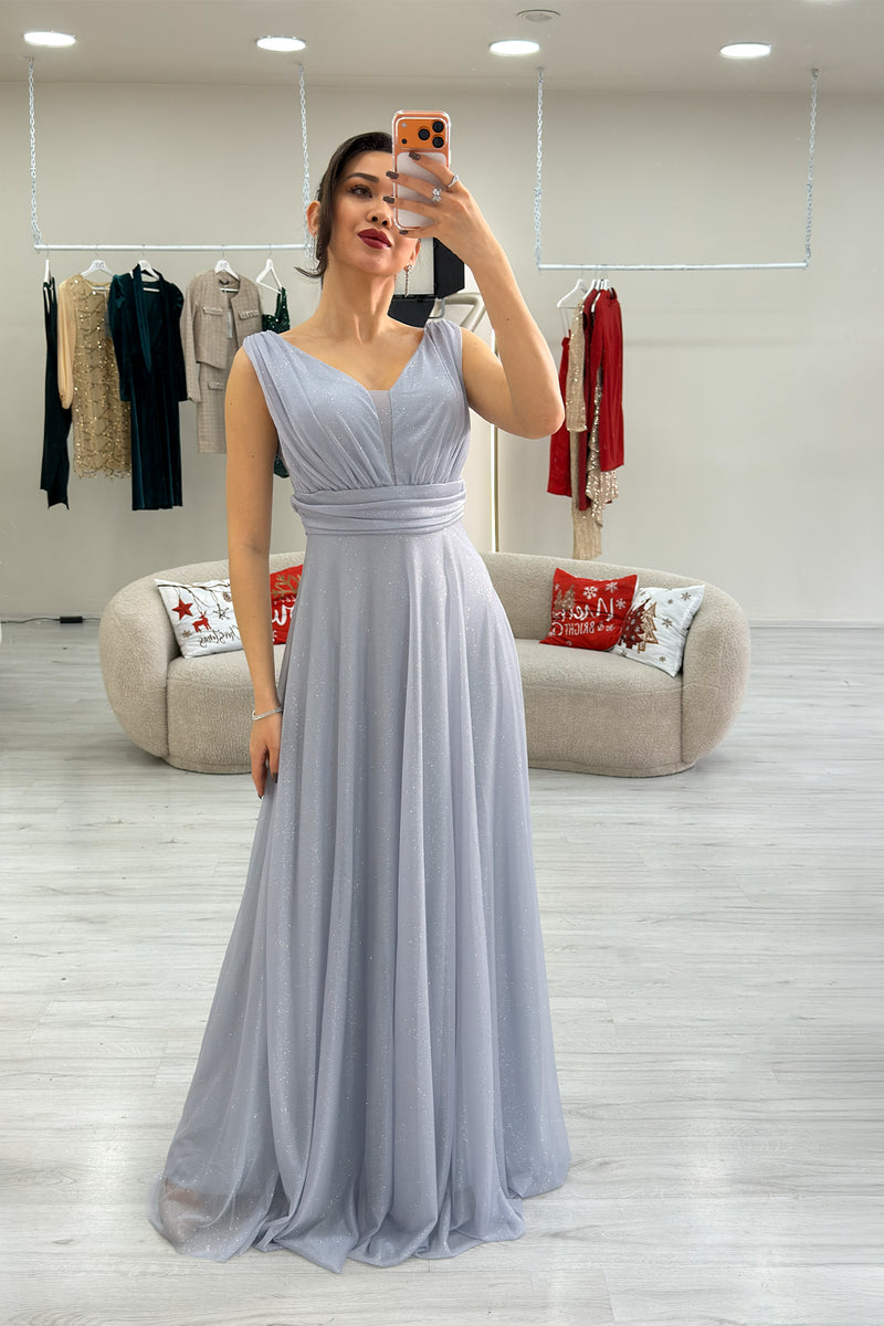 Gray Glittery Tulle Maxi Evening Dress
