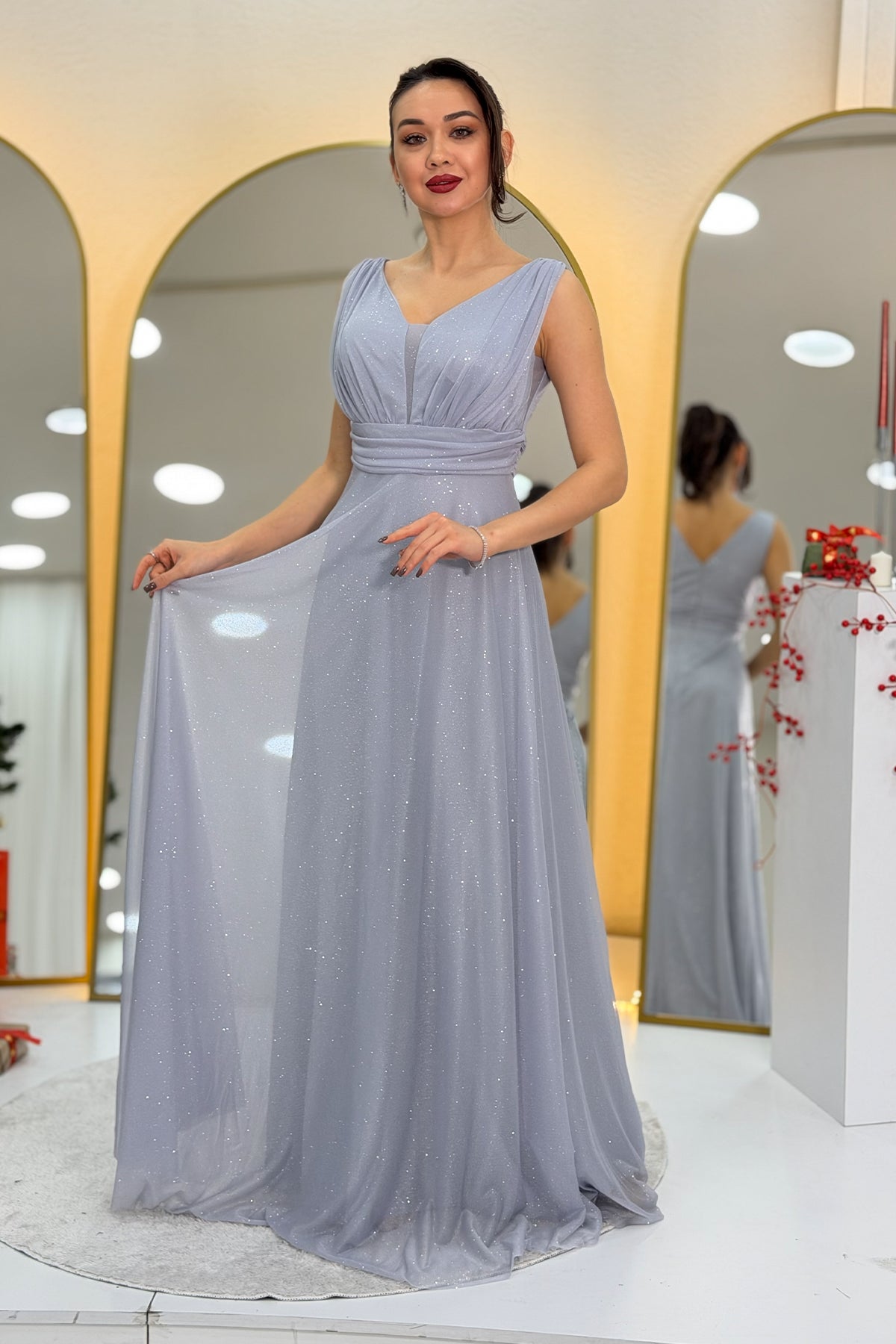 Gray Glittery Tulle Maxi Evening Dress
