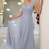Gray Glittery Tulle Maxi Evening Dress