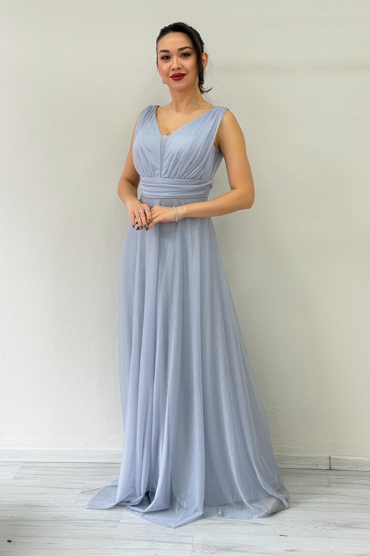 Gray Glittery Tulle Maxi Evening Dress