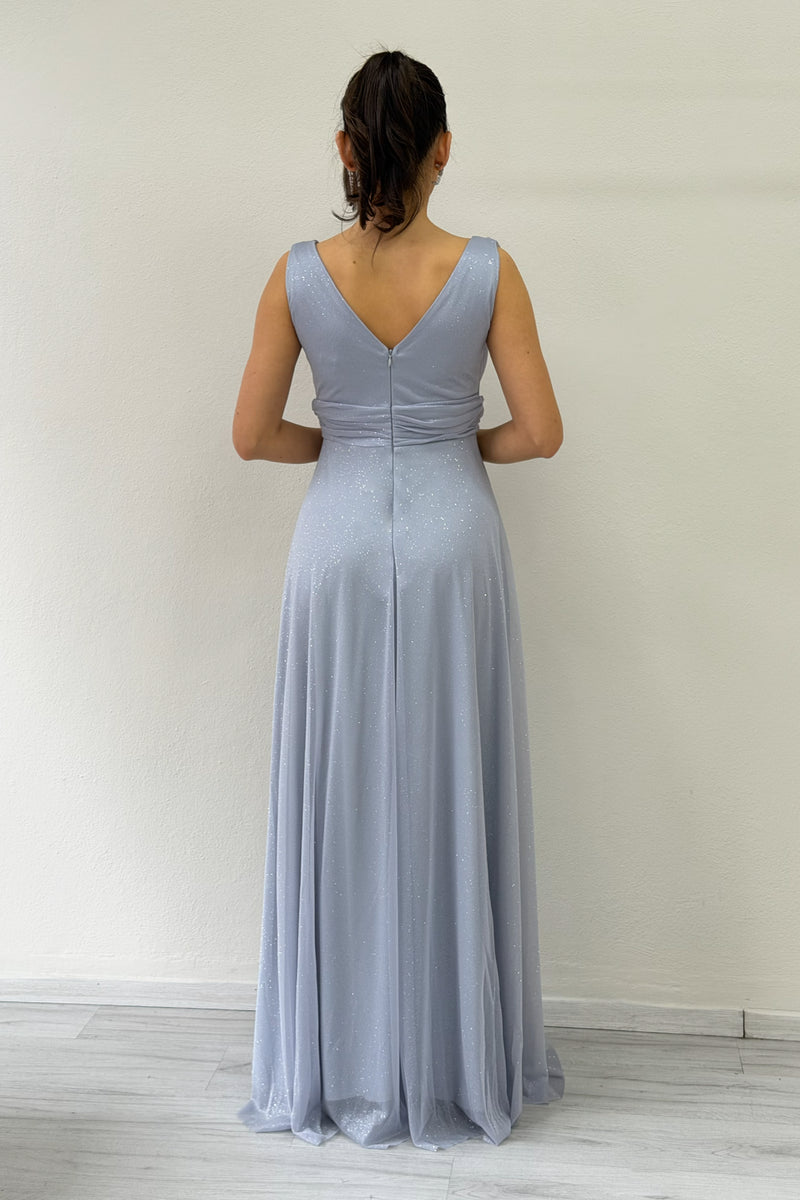 Gray Glittery Tulle Maxi Evening Dress