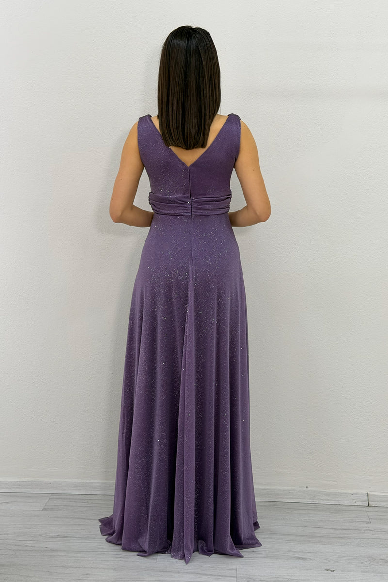 Dark Lilac Glittery Tulle Maxi Evening Dress