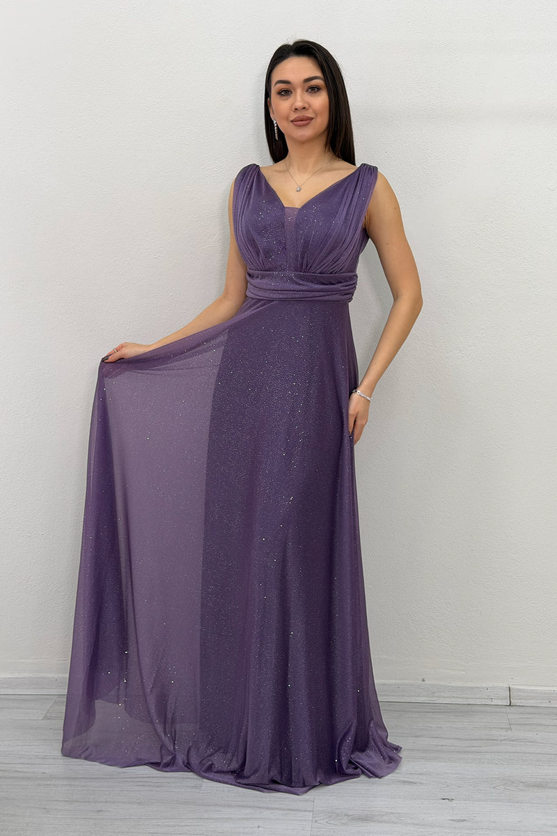 Dark Lilac Glittery Tulle Maxi Evening Dress