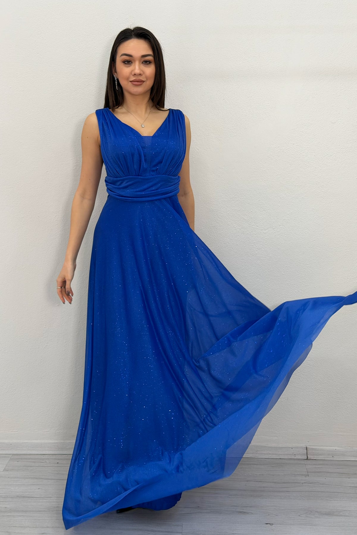 Saxe Blue Glittery Tulle Maxi Evening Dress