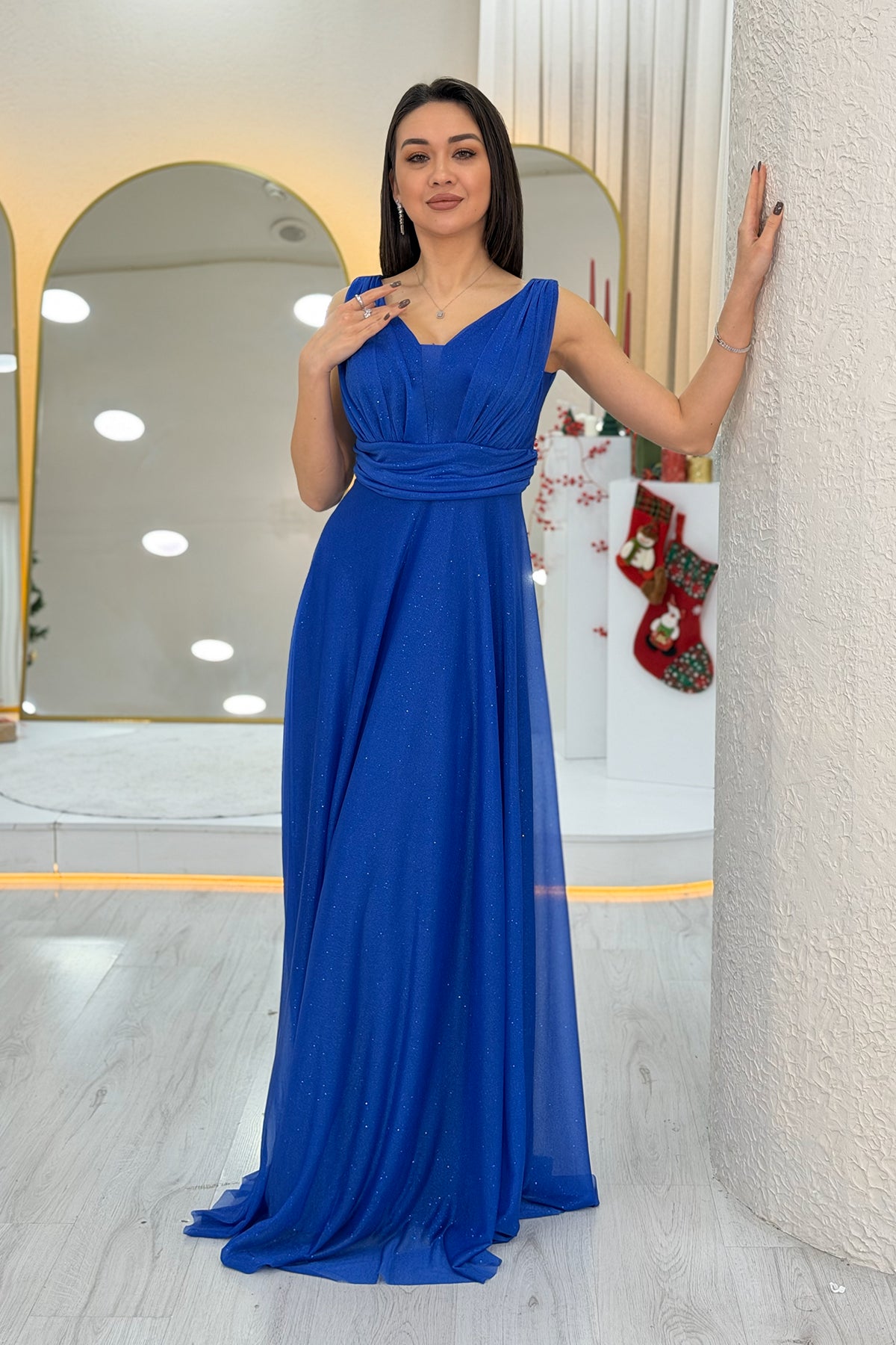 Saxe Blue Glittery Tulle Maxi Evening Dress